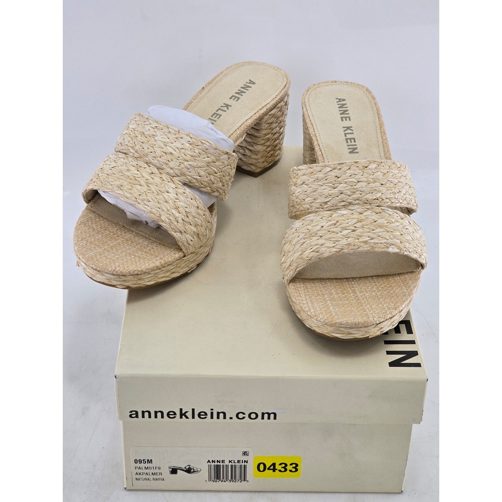 Anne Klein Palmer Sandals Womens 9.5M Natural Raffia Block Heel Slides NEW